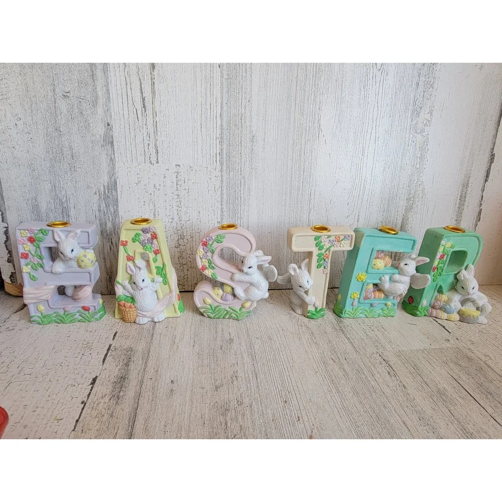 Easter‎ monogram ceramic candlestick holder bunny rabbit set spring home decor